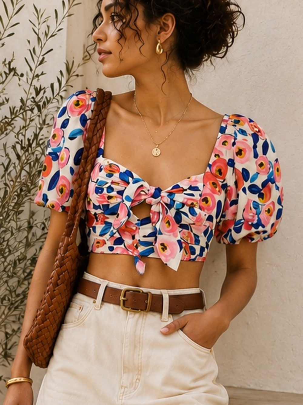 For Love & Lemons Pink Floral Tie-Front Puff Sleeve Crop Top Medium Festival